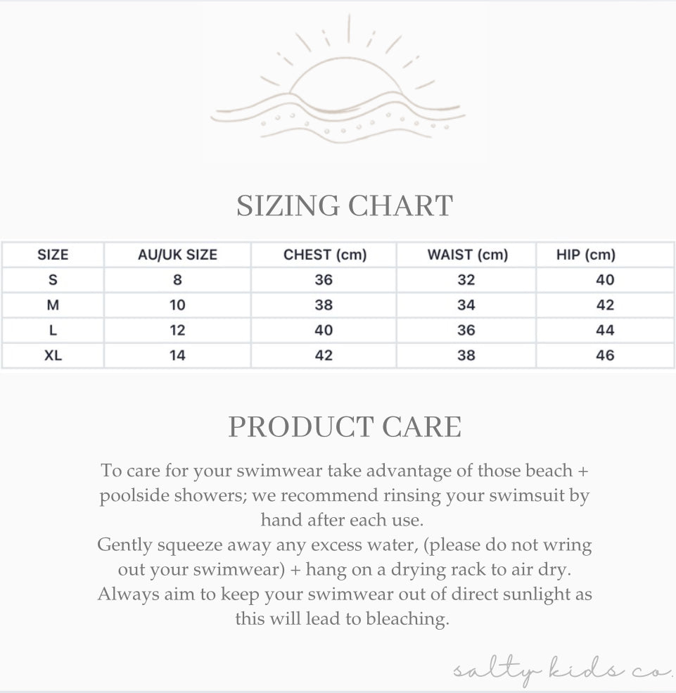 Sizing chart product care